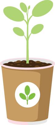 A small green plant growing in a brown pot with a circular logo in a flat design style, showcasing natures beauty through illustration