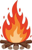 A vibrant campfire with bright flames and logs in a minimal style, creating a cozy outdoor atmosphere in art vector