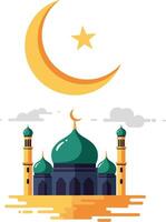 Mosque under a crescent moon and star in a colorful minimal design style illustration vector