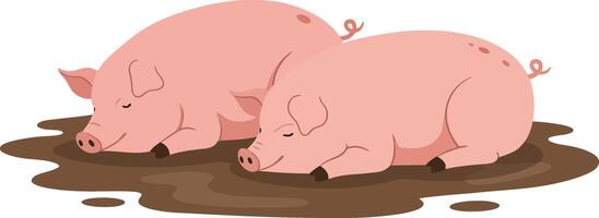 Two sleeping pigs nestled in brown mud, designed in a flat and minimal style, showcasing peacefulness and comfort in art vector