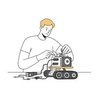 A young man assembling a robotic vehicle with tools in a minimal and modern style showcasing creativity and innovation in illustration vector