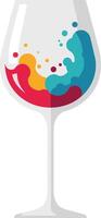 Colorful liquid splashing inside a clear wine glass in a flat and minimal design style showcasing vibrant hues in art vector