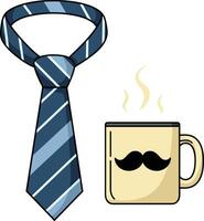 A striped blue tie and a steaming coffee mug with a playful mustache design, minimal and colorful art vector