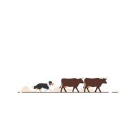 A herding dog guiding two brown cattle across a simple landscape in a flat illustration vector