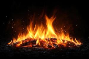 The fire burns with a dim flame against a dark background. Generated by artificial intelligence photo