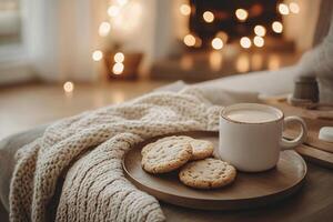 Delicious homemade cookies with a cup of milk on a table in a cozy living room. Home comfort. Generated by artificial intelligence photo