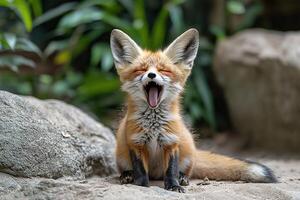 A small, funny fennec fox yawns right at the camera, sitting on the ground near a large rock. Generated by artificial intelligence photo