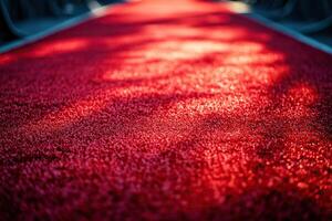 A luxurious close-up of a red carpet captures its rich, velvety texture under dramatic lighting, where soft highlights and deep shadows create a striking play of contrasts. photo