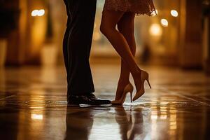 Legs of a man and a woman dancing variety dances. A dance class photo