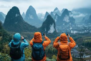 Three tourists take a photo on their phone while standing on top of a cliff. Generated by artificial intelligence