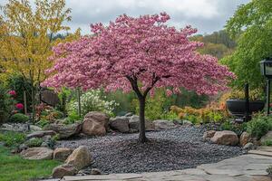 Delicate blooming of Japanese sakura in early spring in the garden. Generated by artificial intelligence photo