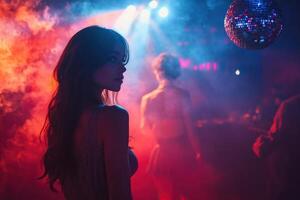 Attractive young girl in a nightclub with a disco ball and clouds of colored smoke. Nightlife. Generated by artificial intelligence photo