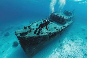 A diver descends to the bottom of a sunken ship. Generated by artificial intelligence photo