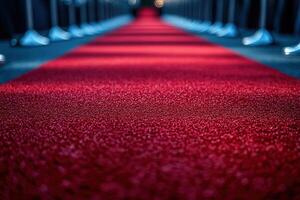 A red carpet is laid between a fence made of metal posts. A close-up of the red carpet leading to the stage. Generated by artificial intelligence photo