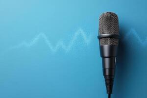 Black microphone with silver mesh head on the right on blue background with shimmering particles. Space for text on the left. Generated by artificial intelligence photo