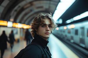 Portrait of a young guy with a disheveled hairdo at a metro station waiting for a train. Generated by artificial intelligence photo