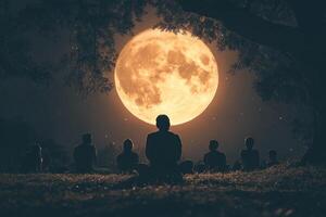 Silhouettes of people sitting on the grass and watching the full moon at night. Generated by artificial intelligence photo
