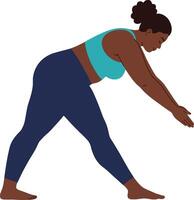 A woman stretching in a yoga pose wearing teal and navy workout attire in a minimalistic style showcasing wellness art vector