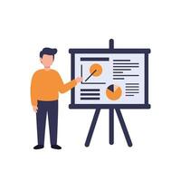 Business professional in casual attire presenting data on a large chart in a flat illustration vector