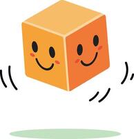 A cheerful orange cube with smiling faces bouncing playfully over a soft green surface in a minimal illustration vector