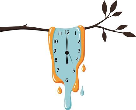 Melting clock hanging from a branch in a flat, whimsical style showcasing time distortion in art vector
