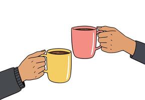 Two hands clinking colorful coffee mugs in a warm, inviting atmosphere, showcasing a minimal design style in vibrant art vector
