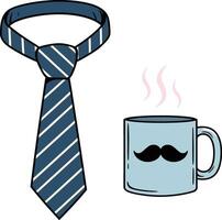A blue striped tie and a steaming coffee mug with a mustache illustration in a flat, minimal art style vector