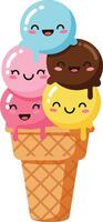 Happy ice cream cone with four colorful scoops in a playful, minimal design style showcasing joy and delight in art vector