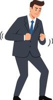 Businessman in a suit dancing joyfully while smiling, showcasing a flat and colorful art style vector