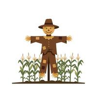 Scarecrow standing in a cornfield surrounded by green stalks, flat design style, cheerful atmosphere, illustration vector