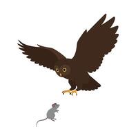A detailed illustration of a brown owl swooping down towards a small grey mouse in a flat art style vector