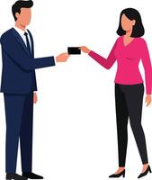 Business professionals exchanging a business card in a modern office environment, flat design illustration vector