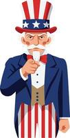 Patriotic man in a striped suit and tall hat, pointing directly, flat art expressing determination and pride in a bold, confident manner vector