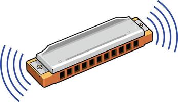 Harmonica in vibrant colors creating music waves, showcasing flat design with playful elements, illustration vector