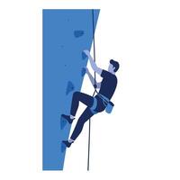 A determined climber scaling a blue rock wall in a flat design style showcasing strength and focus in art vector