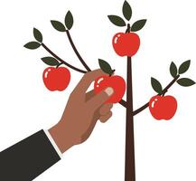 Hand reaching for ripe red apples on a tree in a minimal and flat design illustration vector
