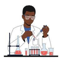 A scientist in a white lab coat conducting experiments with colorful liquids in glassware, showcasing a flat design style art vector