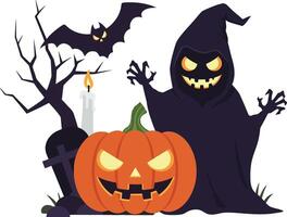 Spooky Halloween scene featuring a grinning pumpkin, a ghostly figure in a robe, a flickering candle, and bats in a flat illustration vector