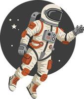 Astronaut floating gracefully in space with a dark circular backdrop, featuring detailed elements and a whimsical tone, art vector