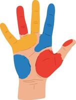 Colorfully painted hand with red, yellow, blue, and orange spots in flat art style showcasing creativity and artistic expression vector