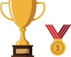 Golden trophy and medal with red ribbons in a flat design style representing achievement and victory in art vector