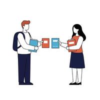 Two individuals exchanging books in a minimalist design style showcasing collaboration and learning in illustration vector