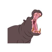 A detailed flat illustration of a yawning hippopotamus showcasing its large mouth and prominent teeth in a playful, cartoonish style emphasizing its vibrant color palette in art vector