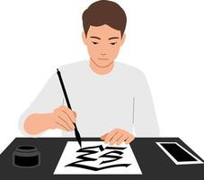 Young man practicing calligraphy in a minimalist studio using a brush pen and ink, creating elegant characters in a calm atmosphere, art vector