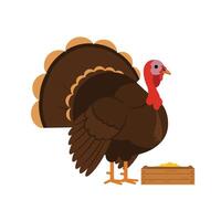 A colorful brown turkey standing beside a wooden feeding trough in a minimal flat design style art vector