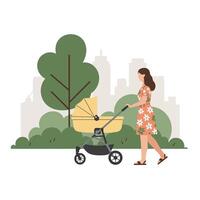 Woman strolling through a green park with a baby stroller in a flat illustration showcasing an urban setting and serene atmosphere vector