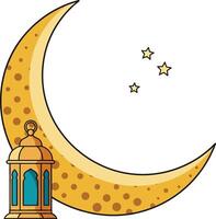 Golden crescent moon with dotted texture and ornate lantern surrounded by twinkling stars in a flat illustration vector