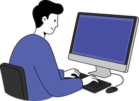 A man sitting at a desk working on a computer with a blue screen in a flat illustration vector
