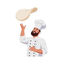 Chef tossing pizza dough in a vibrant kitchen, showcasing a flat and playful design, emphasizing culinary skills and joy in art vector