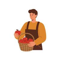 Young man in brown apron holding a basket of red apples in minimal flat art vector